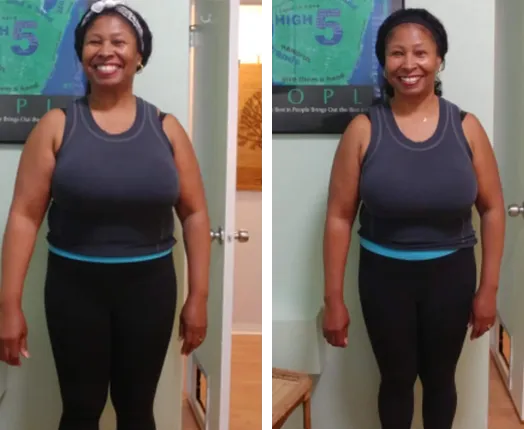 Esther L. before and after — Lost 22 lbs & 4 dress sizes