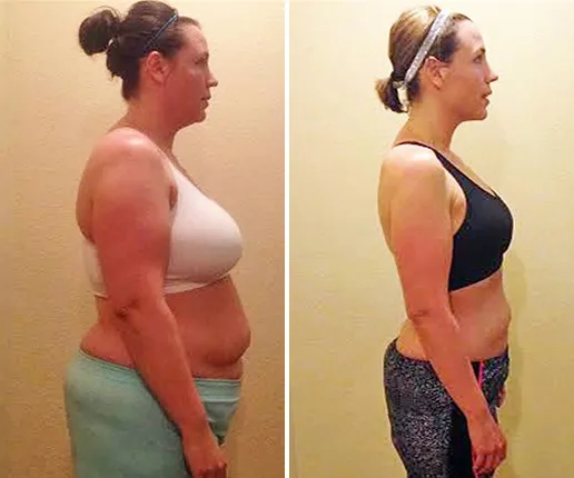 Megan L. before and after — Lost 38 lbs & 14 inches